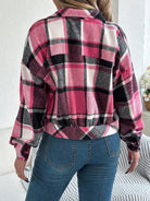 Cropped plaid shacket for women featuring a button front and chest pockets, made from soft flannel for a casual layered look. 5