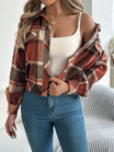 Cropped plaid shacket for women featuring a button front and chest pockets, made from soft flannel for a casual layered look. 8