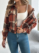 Cropped plaid shacket for women featuring a button front and chest pockets, made from soft flannel for a casual layered look. 8