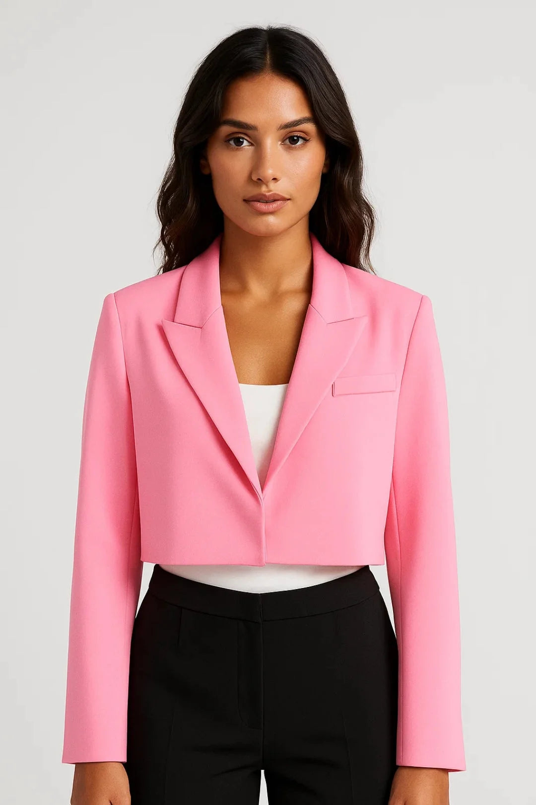 Cropped Tailored Blazer with Classic Lapel Collar – Business Casual Layering Jacket – Fabric Blend 0
