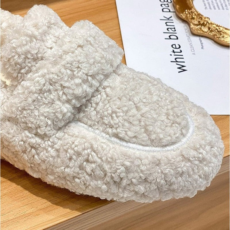 Cushioned slippers with plush lining in black, beige, and brown, featuring a closed-toe slip-on design for ultimate comfort and style. 5