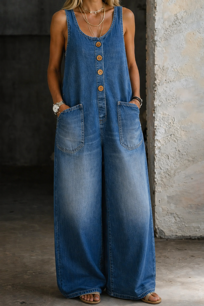 Denim Overalls with Sleeveless Design and Side Pockets – Vintage Washed Casual Style 0