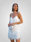 Elegant feathered mini dress featuring a chic silhouette, perfect for stylish parties and special occasions. 0