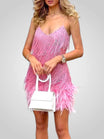 Elegant feathered mini dress featuring a chic silhouette, perfect for stylish parties and special occasions. 4