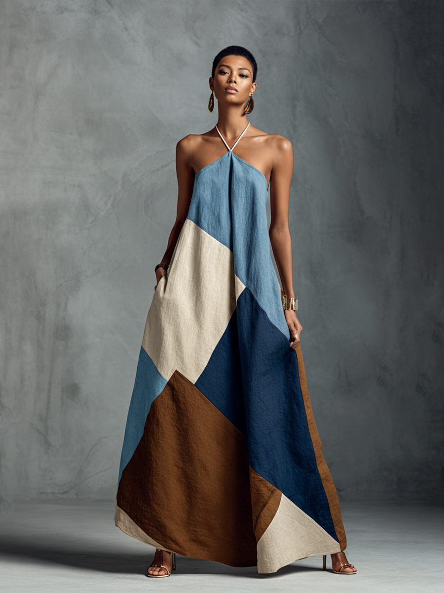 Floral maxi dress featuring a relaxed fit and halter neck design, made from a breathable cotton linen blend, perfect for women seeking comfort and style. 1