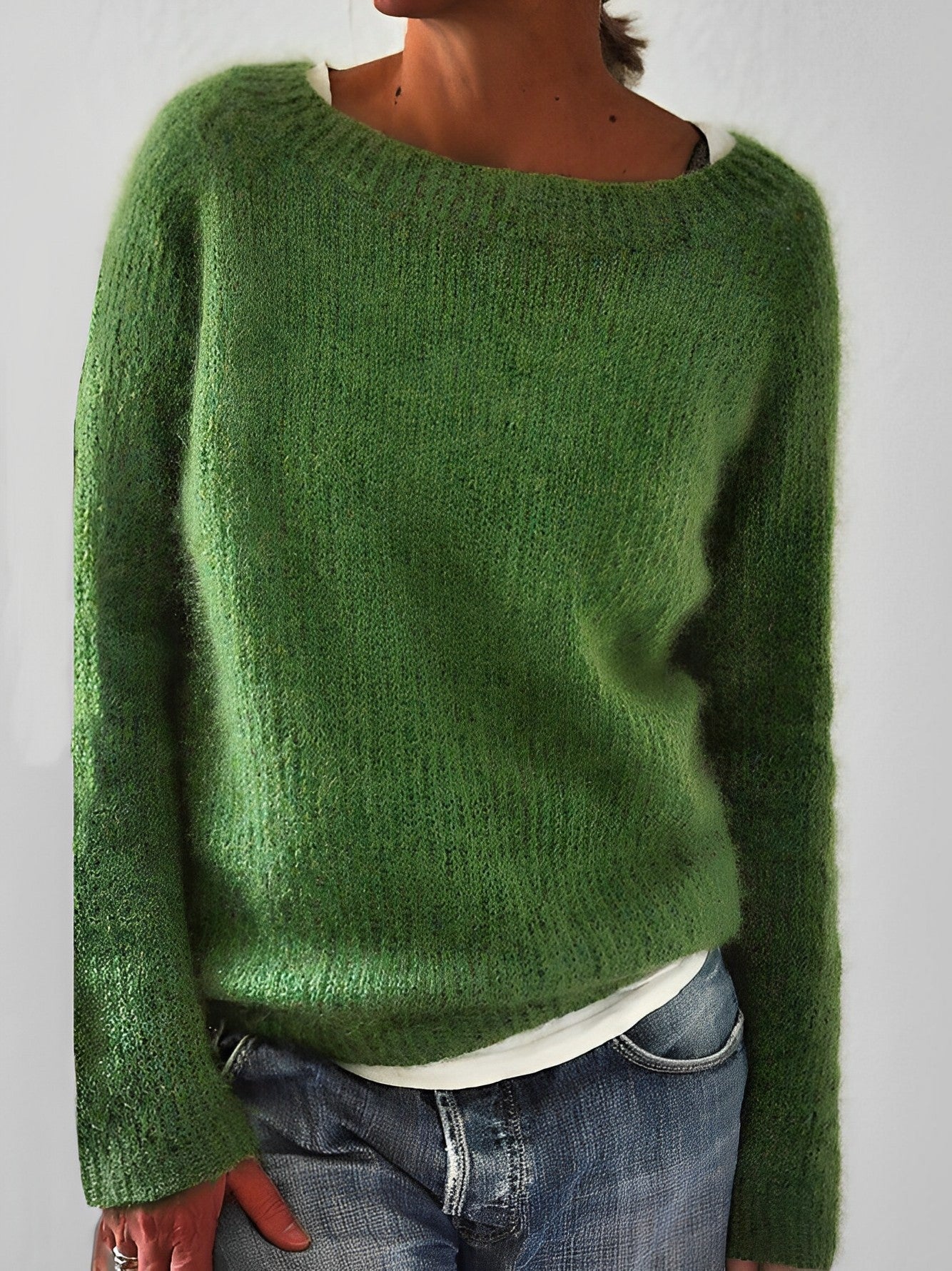 Fluffy knit sweater for women featuring a wide round neckline and slim fit, crafted from a soft brushed texture for ultimate comfort and style. 0