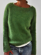 Fluffy knit sweater for women featuring a wide round neckline and slim fit, crafted from a soft brushed texture for ultimate comfort and style. 0