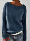 Fluffy knit sweater for women featuring a wide round neckline and slim fit, crafted from a soft brushed texture for ultimate comfort and style. 1