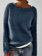 Fluffy knit sweater for women featuring a wide round neckline and slim fit, crafted from a soft brushed texture for ultimate comfort and style. 1