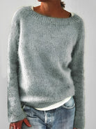 Fluffy knit sweater for women featuring a wide round neckline and slim fit, crafted from a soft brushed texture for ultimate comfort and style. 2