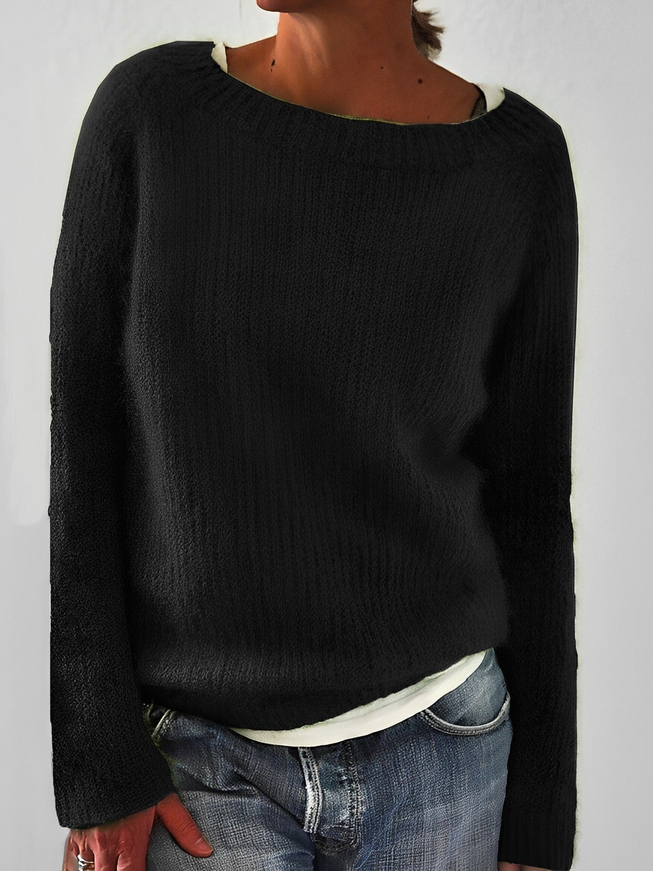 Fluffy knit sweater for women featuring a wide round neckline and slim fit, crafted from a soft brushed texture for ultimate comfort and style. 3
