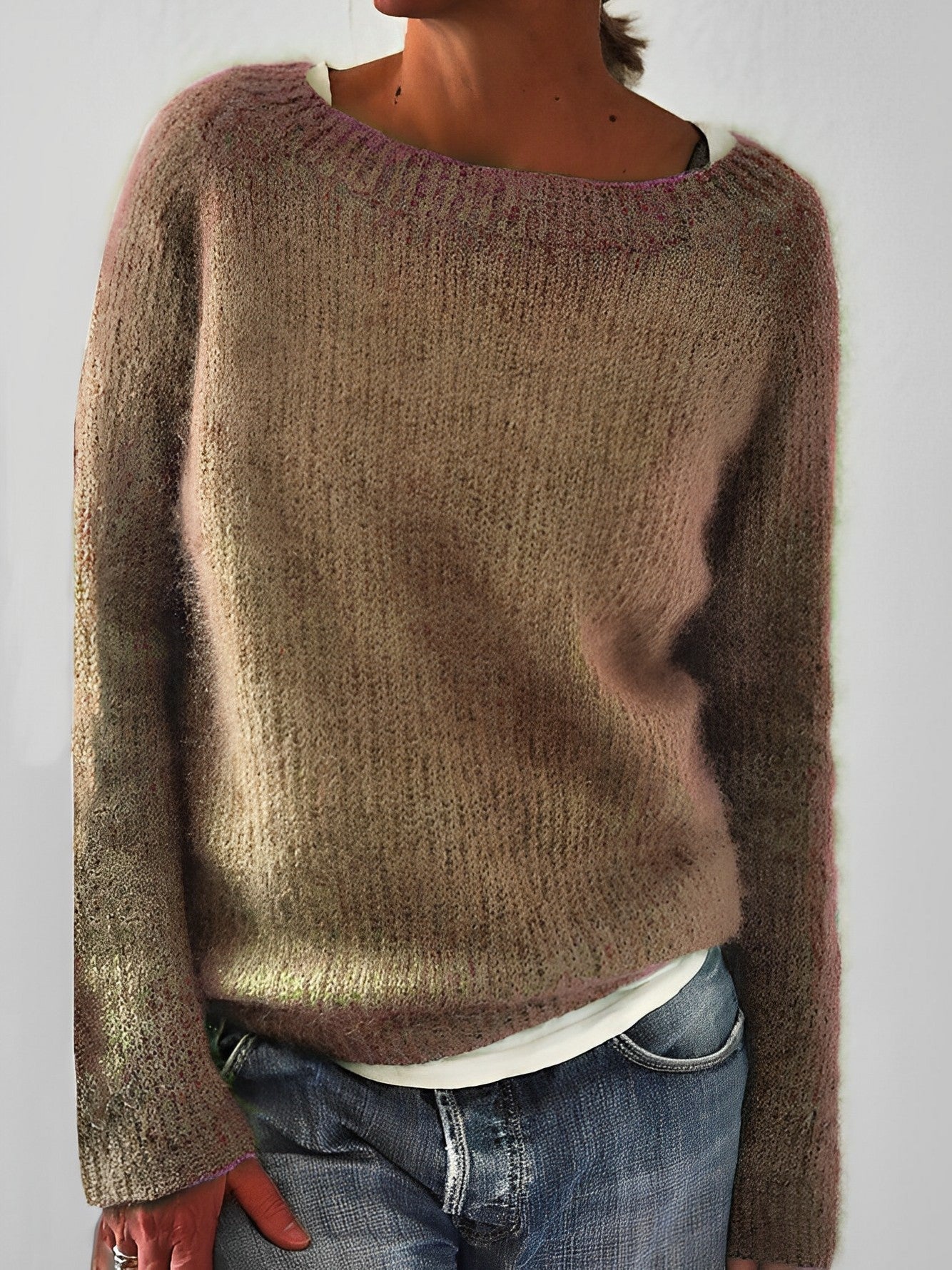 Fluffy knit sweater for women featuring a wide round neckline and slim fit, crafted from a soft brushed texture for ultimate comfort and style. 5