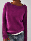 Fluffy knit sweater for women featuring a wide round neckline and slim fit, crafted from a soft brushed texture for ultimate comfort and style. 6