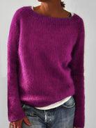 Fluffy knit sweater for women featuring a wide round neckline and slim fit, crafted from a soft brushed texture for ultimate comfort and style. 6