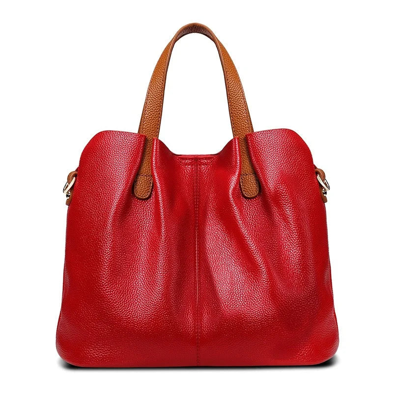 Genuine leather handbag with adjustable strap, featuring luxurious lychee grain cowhide, available in blue, black, pink, gray, and beige, designed 4