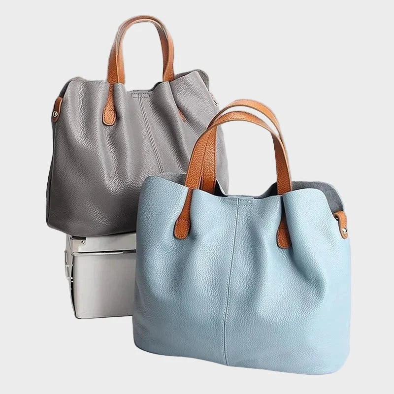 Genuine leather handbag with adjustable strap, featuring luxurious lychee grain cowhide, available in blue, black, pink, gray, and beige, designed 8
