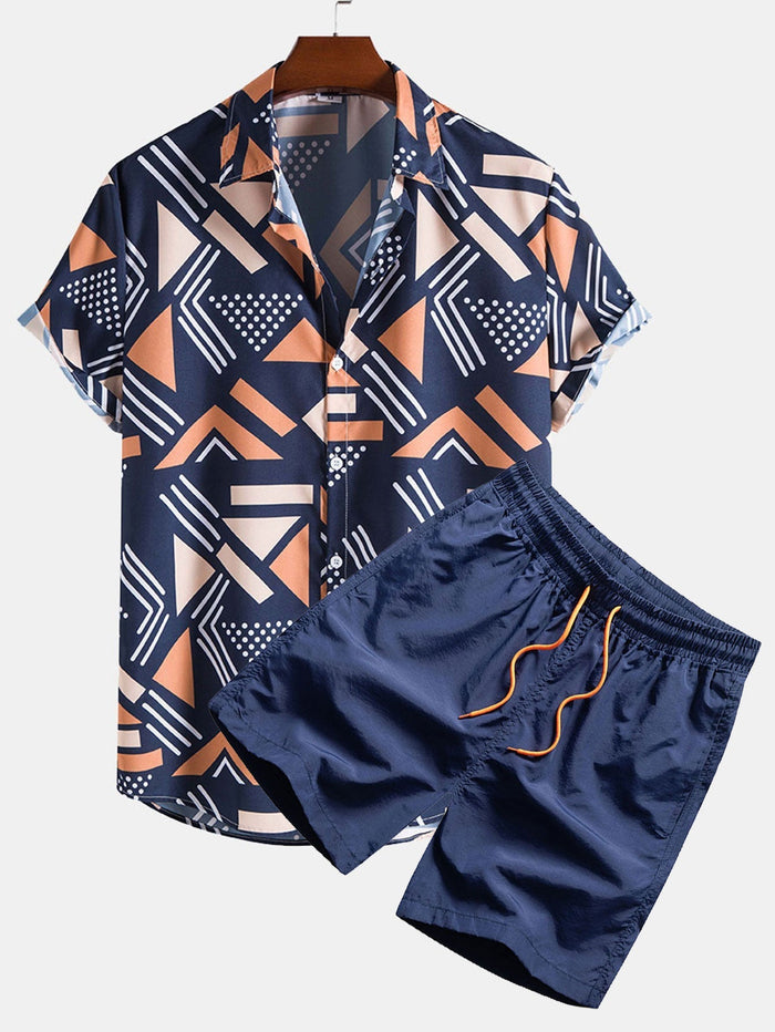 Geometric Print Shirt and Swim Shorts Set – Unique Pattern Design, 100% Polyester 0