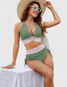 High waisted bikini set with tummy control, featuring elegant design and flattering fit for women, perfect for beach or poolside. 4