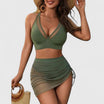 High waisted bikini set featuring a V-neck top and fitted skirt, designed for women, perfect for beach and poolside wear. 11