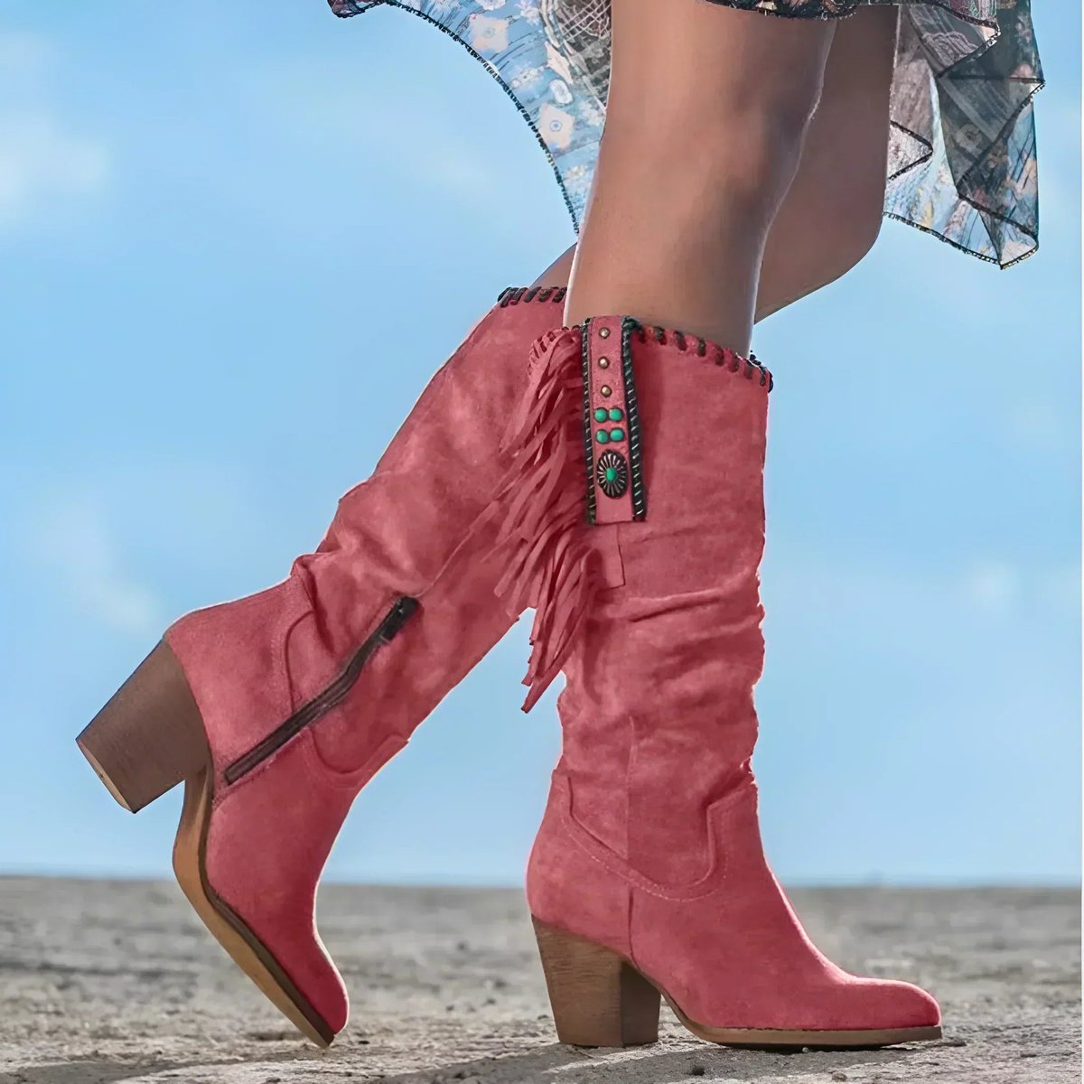 Knee high tan suede boots for women featuring fringe detail and turquoise concho, designed with a stylish block heel. 3