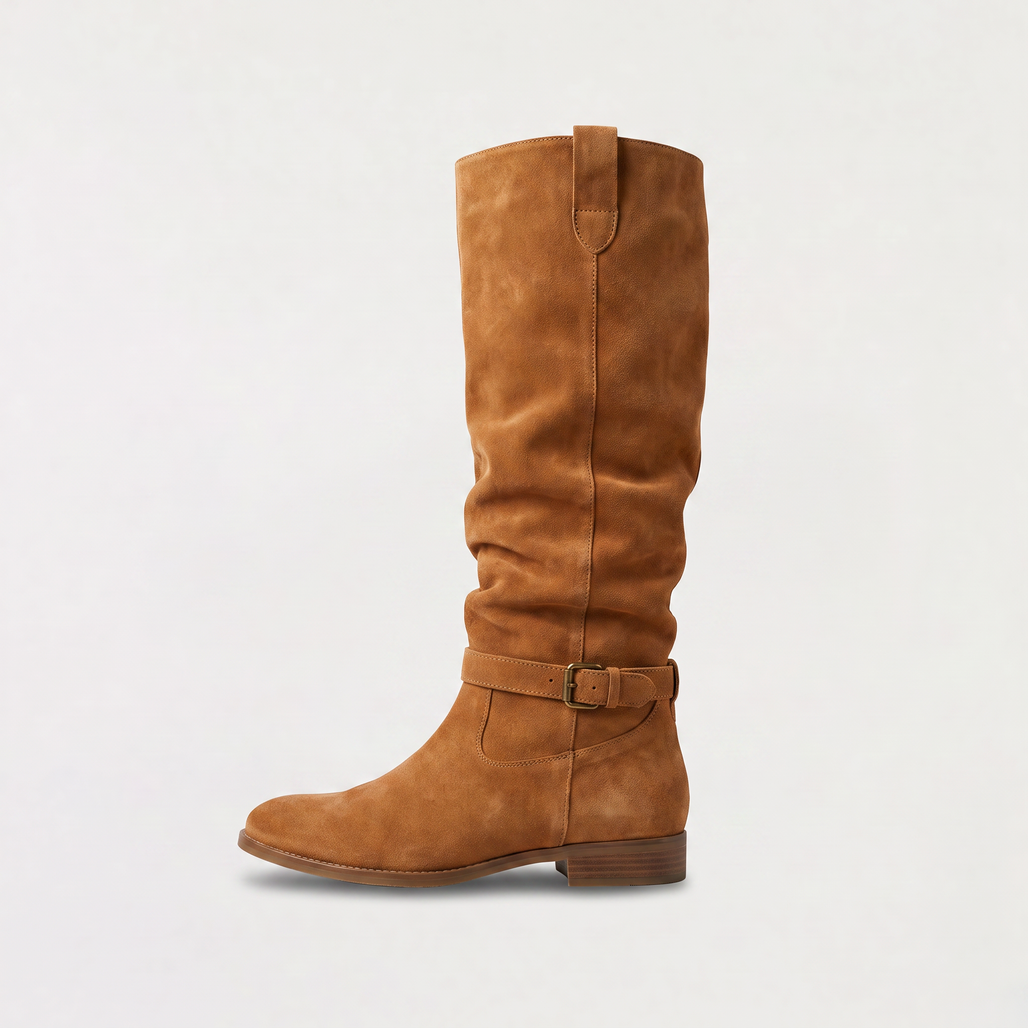 Knee high black boots for women featuring a slouch silhouette and buckled ankle tab, crafted from vegan materials with a low stacked heel. 0