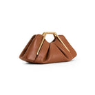 Stylish leather clutch bag featuring a gold handle, origami-inspired design, and a spacious interior made from high-quality microfiber leather. 3
