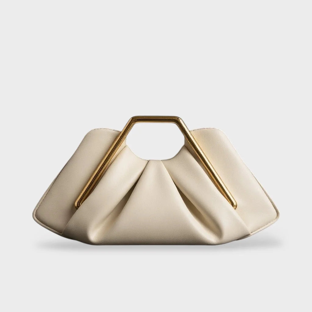Stylish leather clutch bag featuring a gold handle, origami-inspired design, and a spacious interior made from high-quality microfiber leather. 5