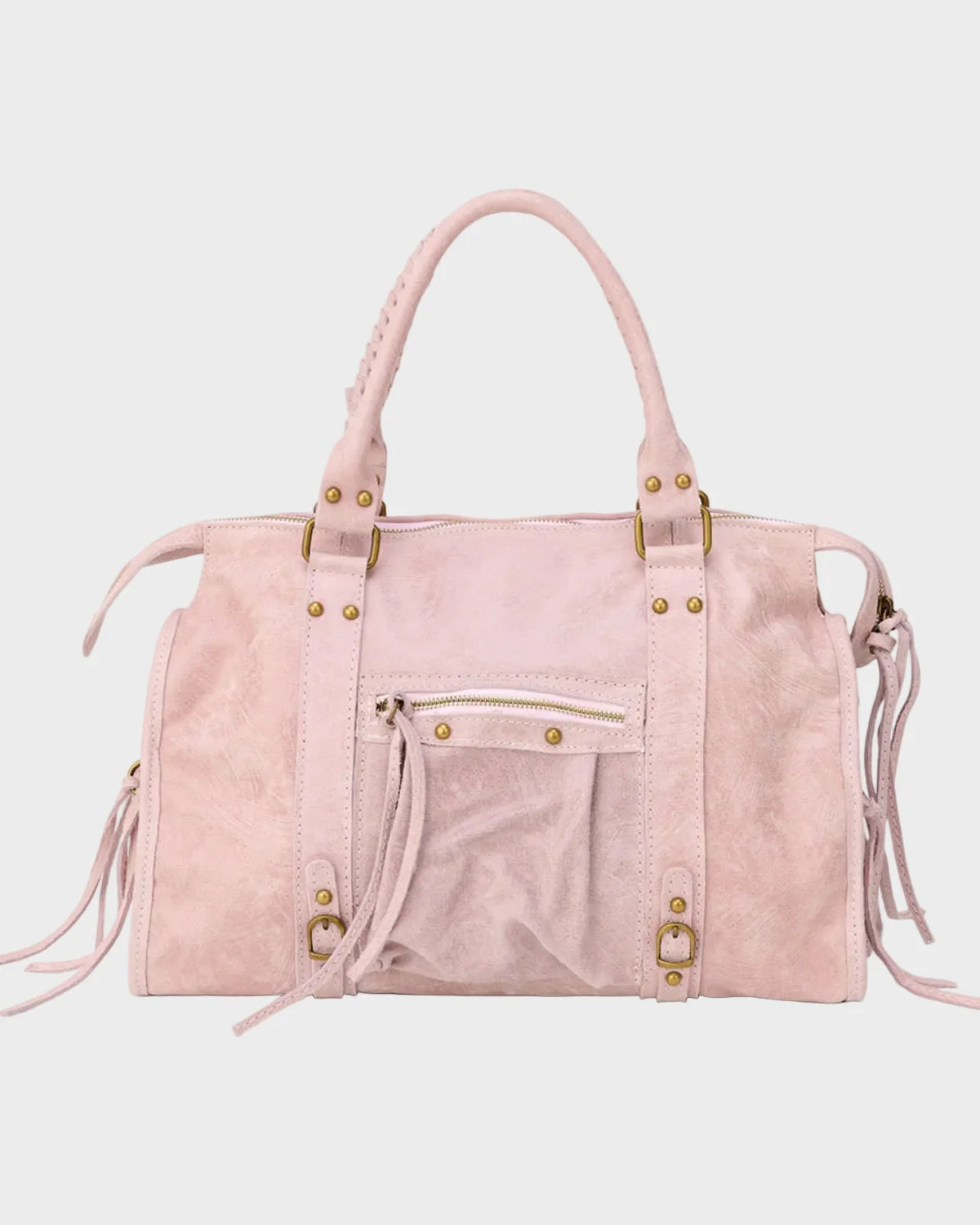 Leather tote bag in vanilla pink featuring adjustable drawstring and zip closure, accented with gold-tone hardware. 0