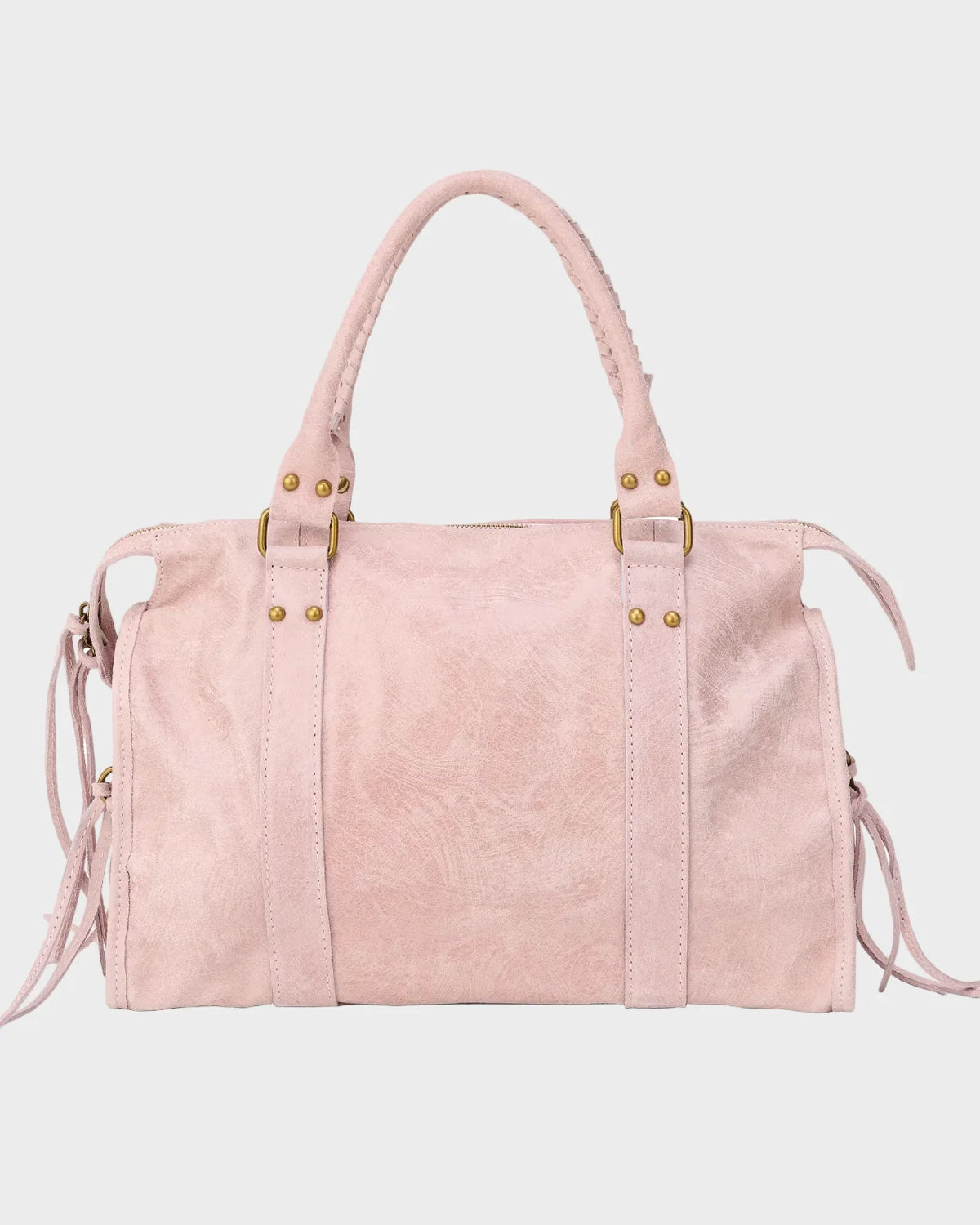 Leather tote bag in vanilla pink featuring adjustable drawstring and zip closure, accented with gold-tone hardware. 1