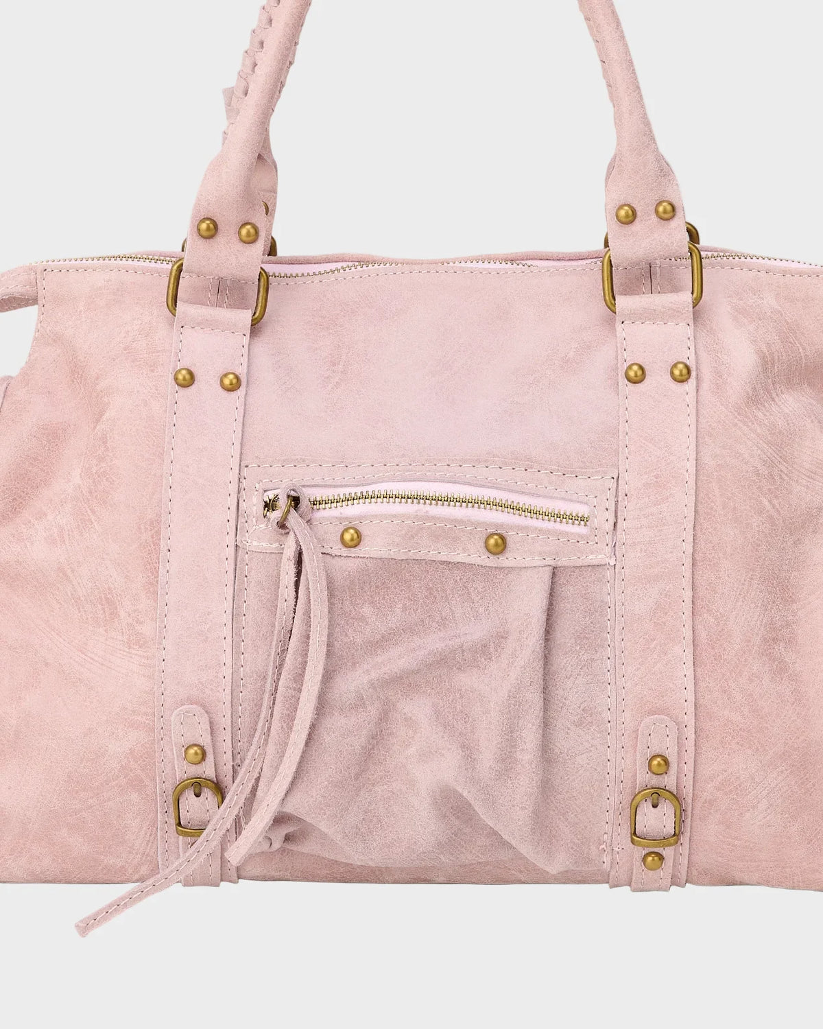 Leather tote bag in vanilla pink featuring adjustable drawstring and zip closure, accented with gold-tone hardware. 2
