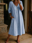 Linen midi dress featuring a V-neck and delicate lace trim, designed in a relaxed A-line silhouette, perfect for summer wear for women. 0
