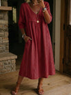 Linen midi dress featuring a V-neck and delicate lace trim, designed in a relaxed A-line silhouette, perfect for summer wear for women. 3