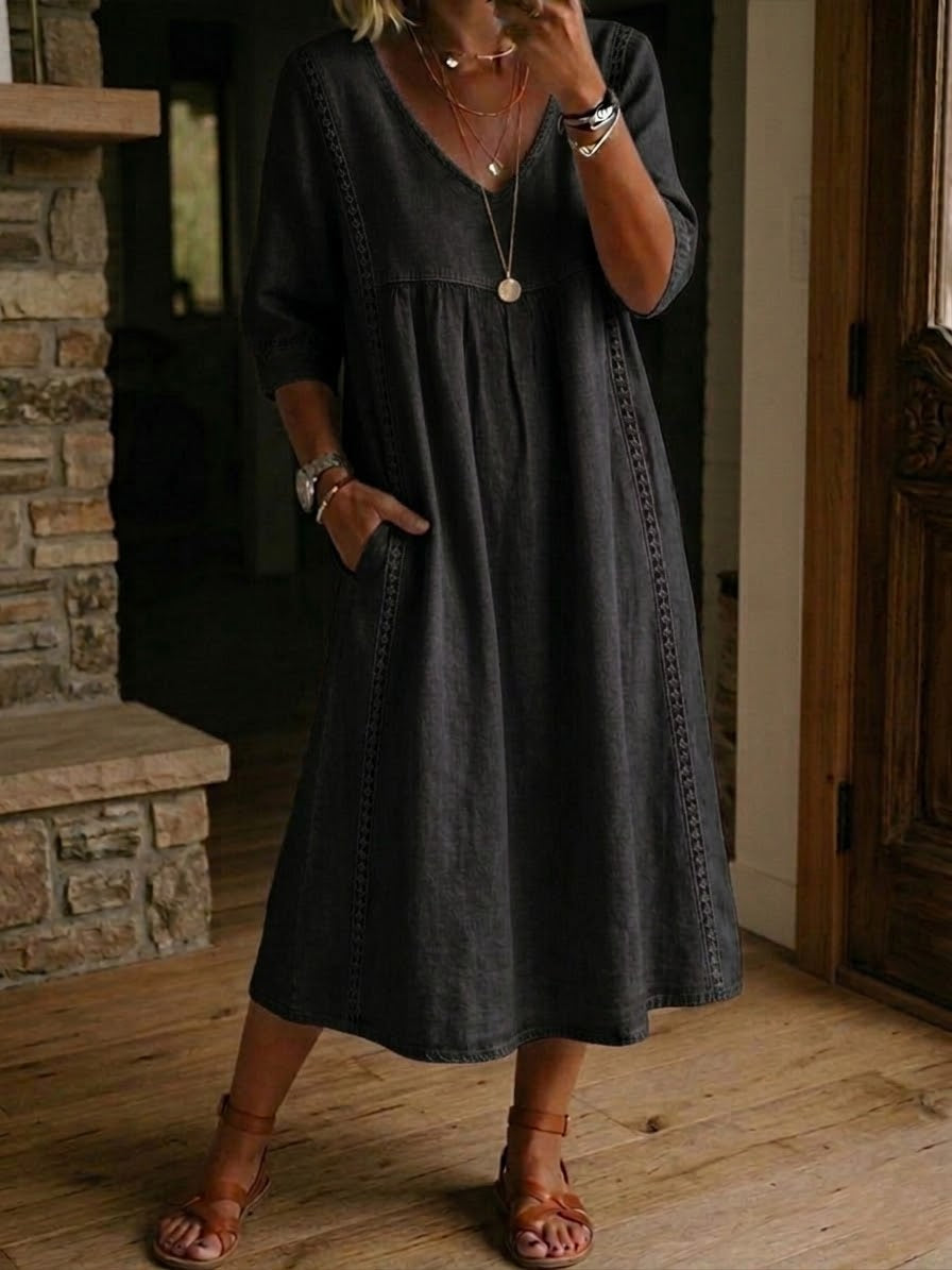 Linen midi dress featuring a V-neck and delicate lace trim, designed in a relaxed A-line silhouette, perfect for summer wear for women. 5