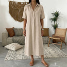 Linen midi shirt dress with classic collar and short sleeves in a relaxed fit, perfect for summer wear for women. 0