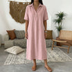 Linen midi shirt dress with classic collar and short sleeves in a relaxed fit, perfect for summer wear for women. 1