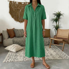Linen midi shirt dress with classic collar and short sleeves in a relaxed fit, perfect for summer wear for women. 3
