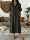 Linen midi shirt dress with classic collar and short sleeves in a relaxed fit, perfect for summer wear for women. 4
