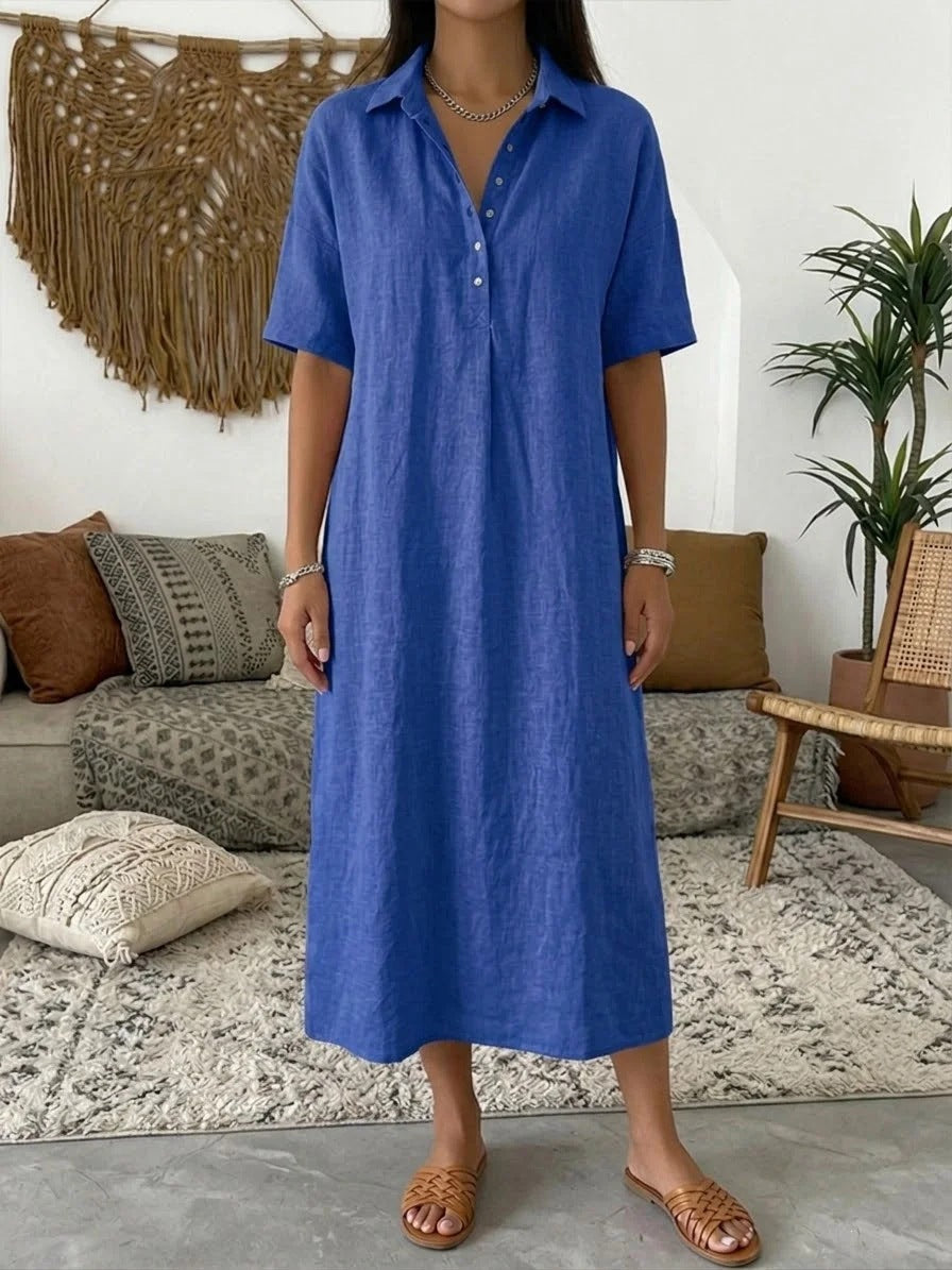Linen midi shirt dress with classic collar and short sleeves in a relaxed fit, perfect for summer wear for women. 6