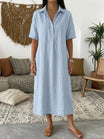 Linen midi shirt dress with classic collar and short sleeves in a relaxed fit, perfect for summer wear for women. 7