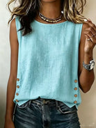 Linen tank top featuring a casual sleeveless design and stylish button side detail, perfect for summer outfits. 5
