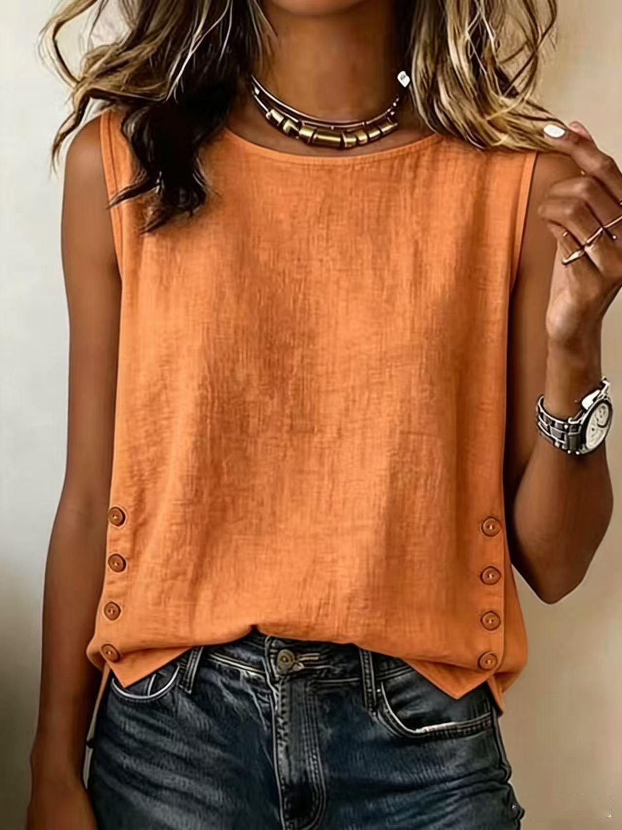 Linen tank top featuring a casual sleeveless design and stylish button side detail, perfect for summer outfits. 7