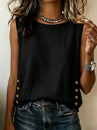 Linen tank top featuring a casual sleeveless design and stylish button side detail, perfect for summer outfits. 8