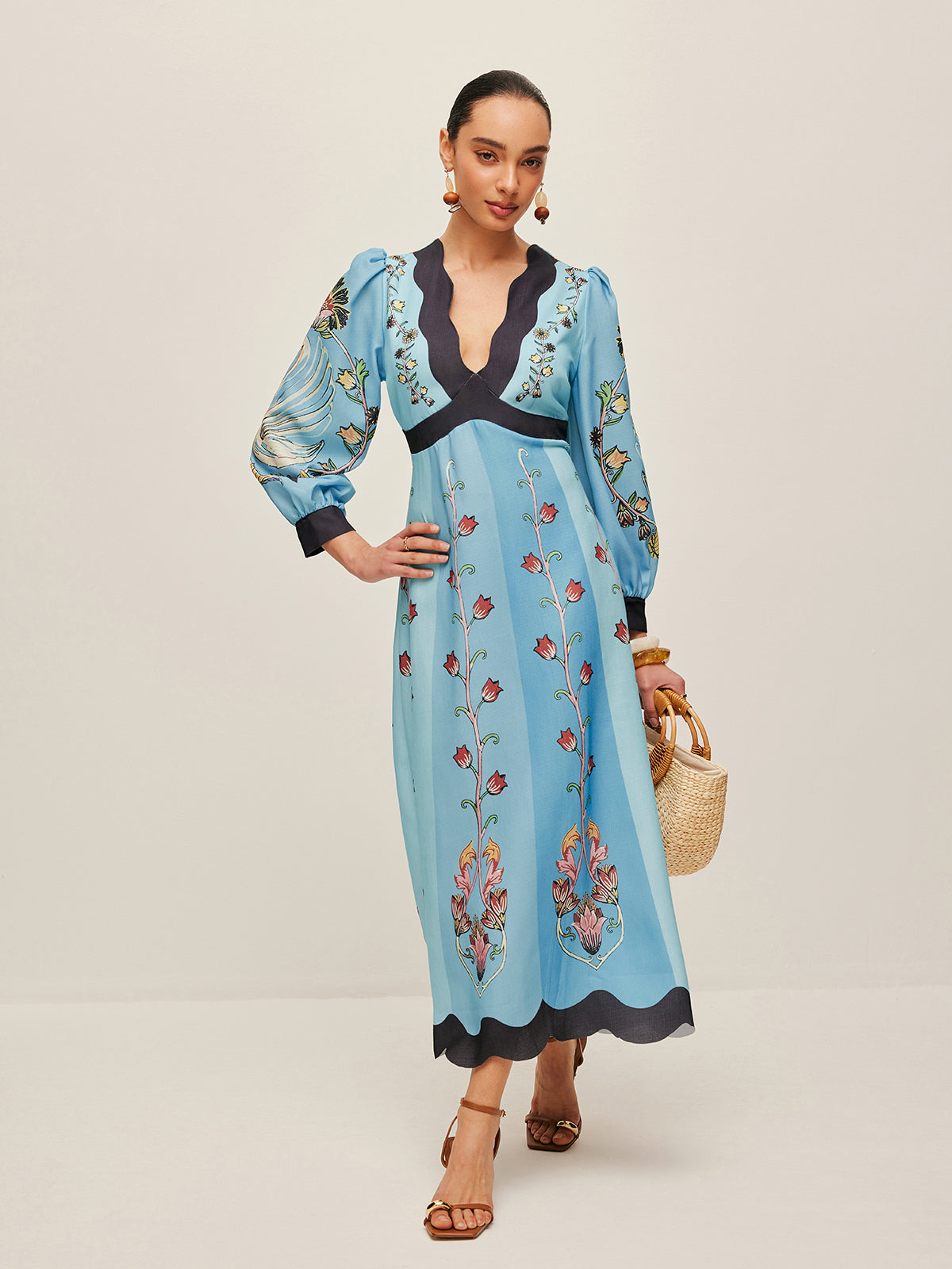Elegant long sleeve midi dress featuring a V-neck and backless design, perfect for vacation wear for women. 1