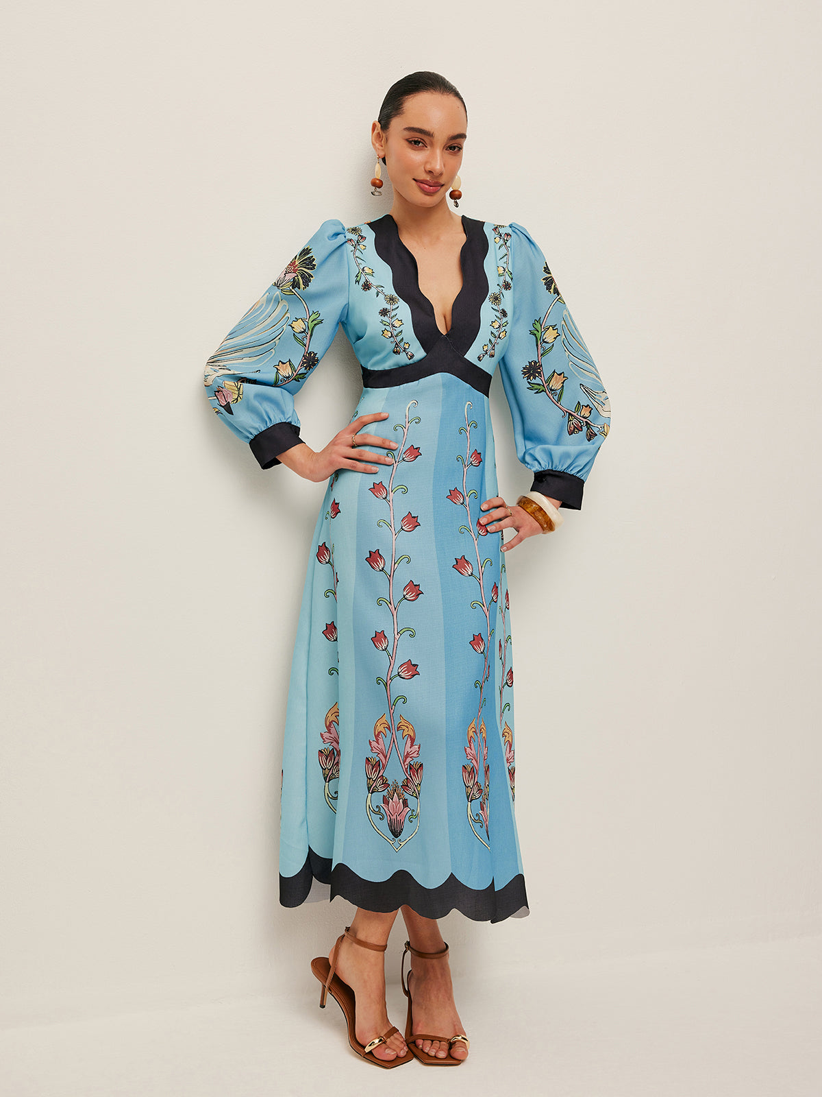 Elegant long sleeve midi dress featuring a V-neck and backless design, perfect for vacation wear for women. 2