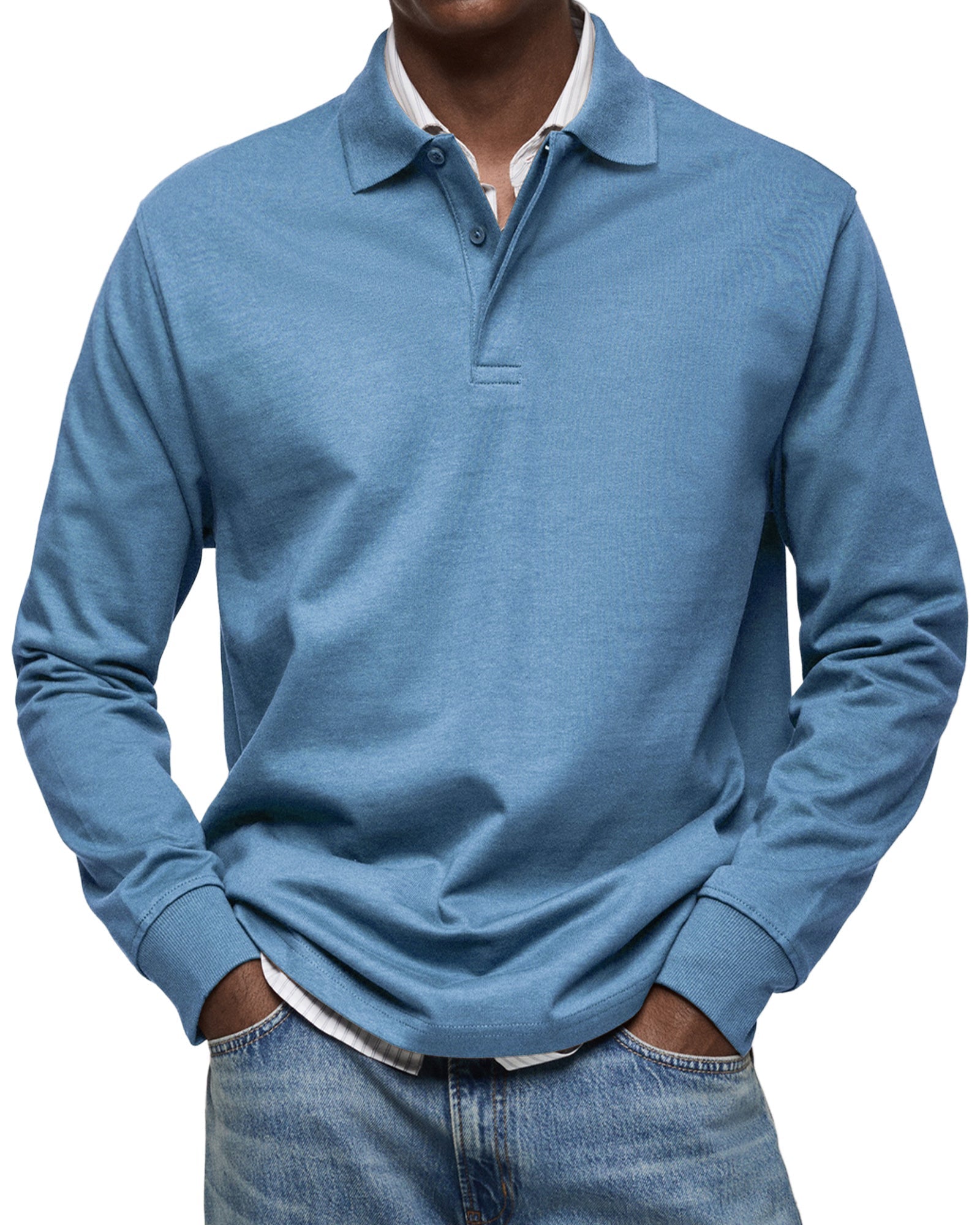 Long sleeve polo shirt for men made from breathable stretch fabric, featuring a classic design available in various colors and sizes. 0