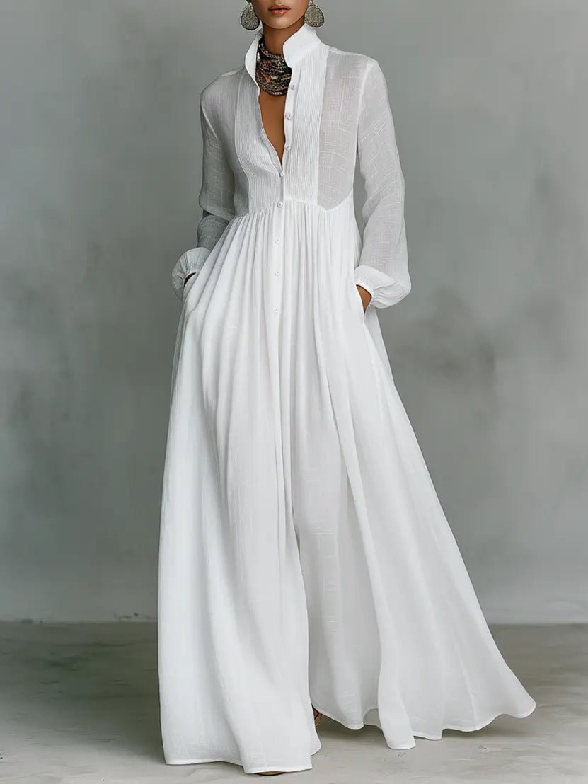 Maxi Dress with Patchwork Linen and Stand-Up Collar – Button Closure for Elegant Occasions 0