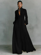 Maxi Dress with Patchwork Linen and Stand-Up Collar – Button Closure for Elegant Occasions 3
