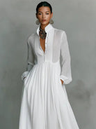 Maxi Dress with Patchwork Linen and Stand-Up Collar – Button Closure for Elegant Occasions 4