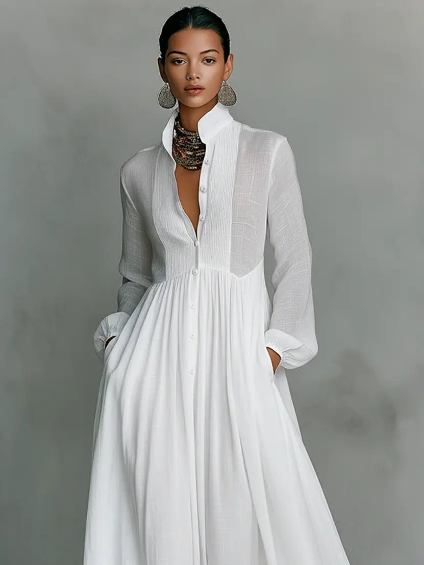 Maxi Dress with Patchwork Linen and Stand-Up Collar – Button Closure for Elegant Occasions 4