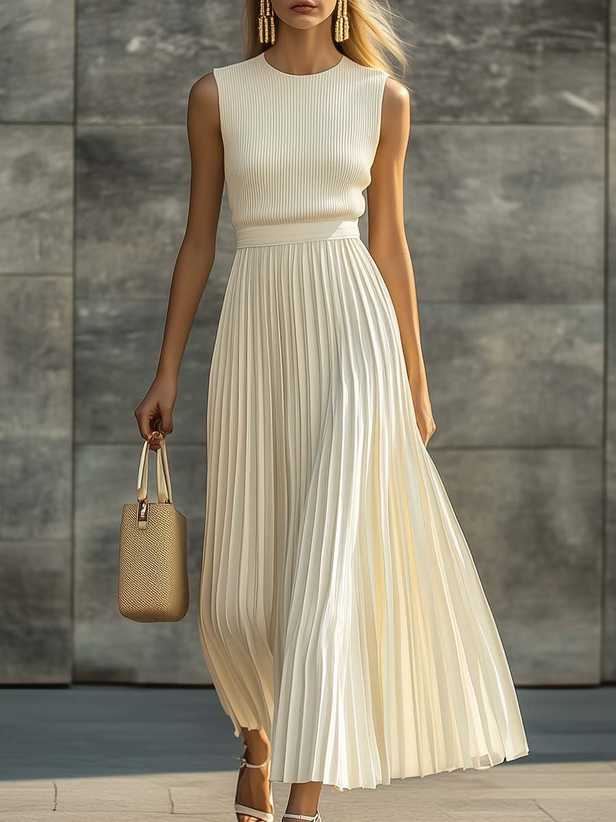 Maxi Dress with Pleated Chiffon Skirt and Knit Top – Elegant Crew Neck Long Dress for Women 0
